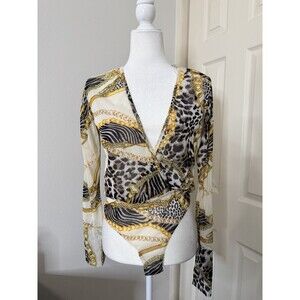 Day G Women’s Mesh leopard & chain print surplice Long Sleeves bodysuit Size M